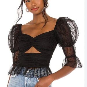 Revolve LPA Dolores Blouse Top Lace Puff Shoulder Sleeve Black Large Whimsigoth